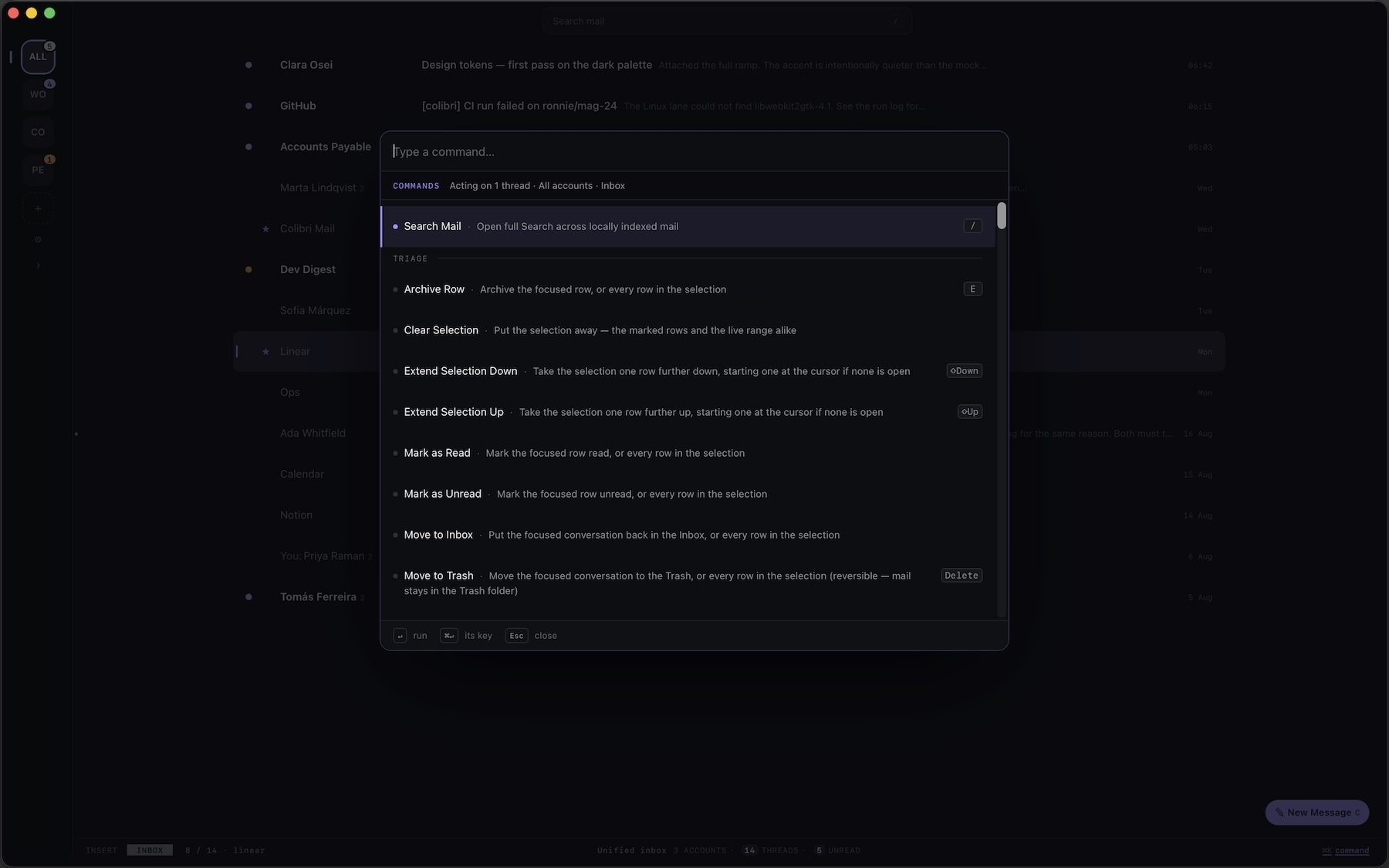 The Colibri Mail command palette open over the inbox, showing grouped commands with their shortcuts
